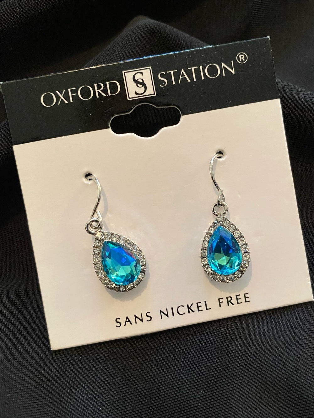 Teardrop Blue Crystal Dangle Earrings - Nickel Free